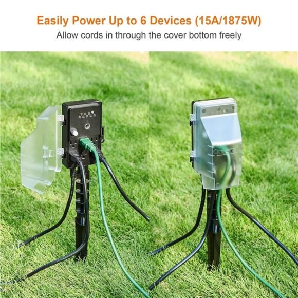 Outdoor Power Stake Light Timer, Dusk to Dawn, 6 Electrical Outlet Power Strip - Picture 5 of 8